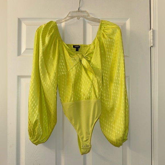 Express Tops - Express Neon Green-ish Yellow Satin Jacquard Balloon Sleeve Bodysuit!